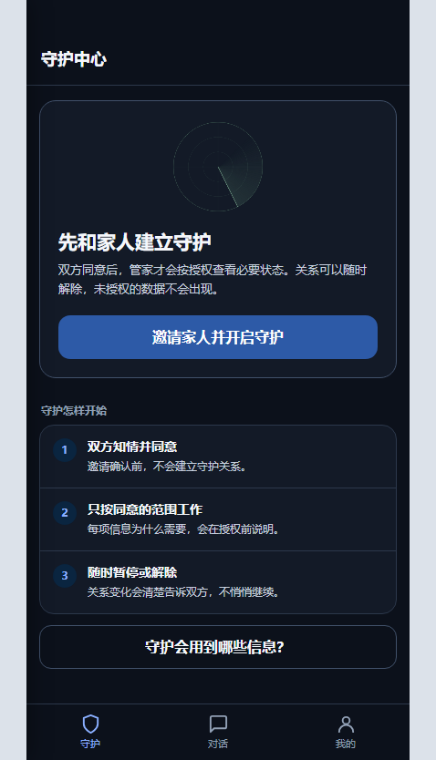 需要持续关注时先讲边界 — 守护开始前说明双方同意、信息范围和停止方式，不用空数字制造忙碌感。